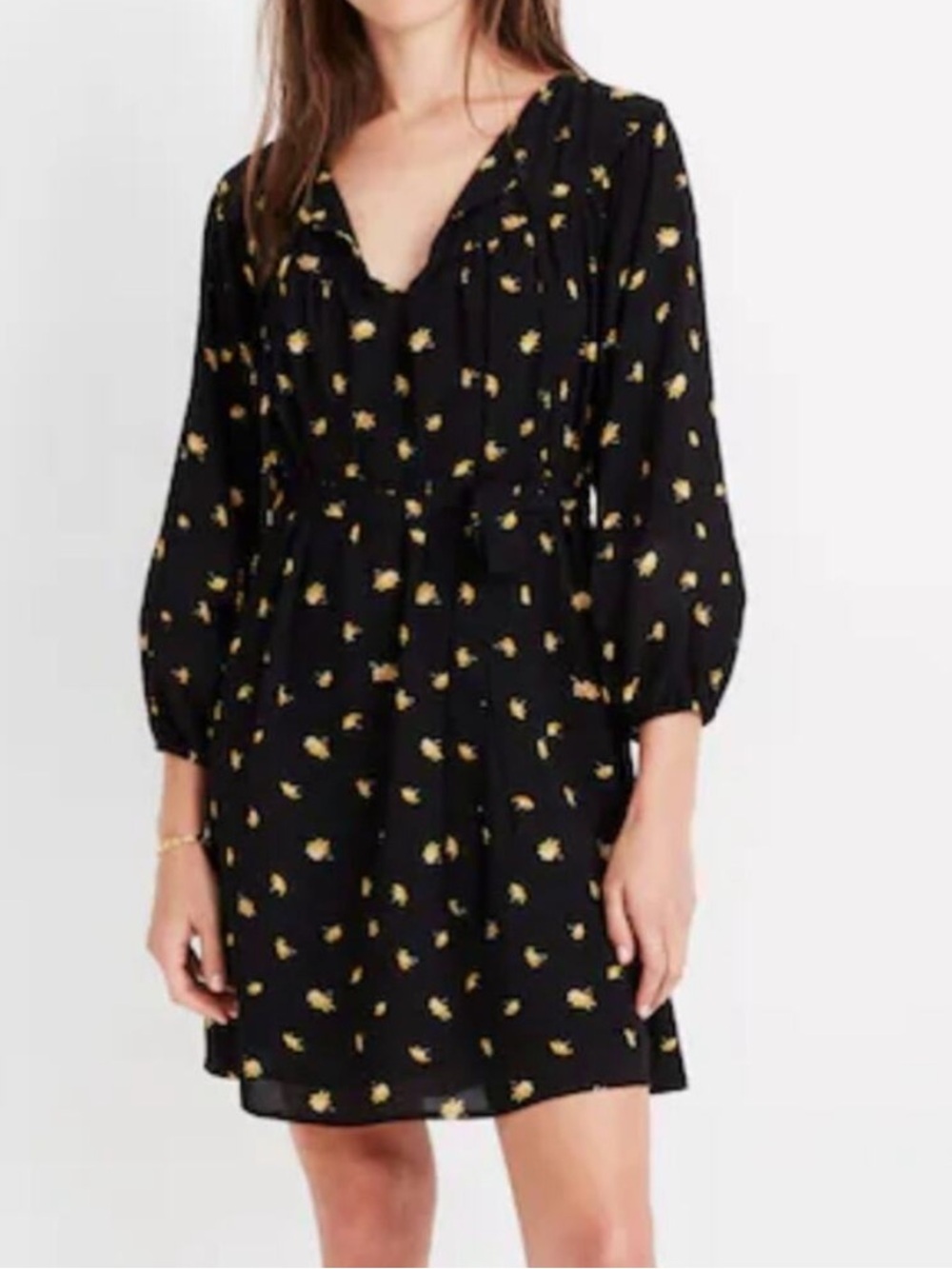 Madewell Black Floral V-Neck puff  Sleeve Dress large